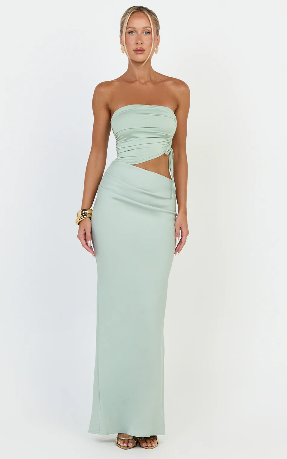 Strapless Side Ruched Cut Out Fitted Dress in Sage | Showpo (US, UK & Europe)