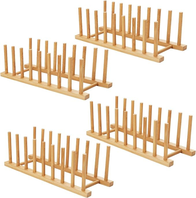 HBlife 4pcs Bamboo Dish Plate Bowl Cup Book Pot Lid Cutting Board Drying Rack Stand Drainer Stora... | Amazon (US)