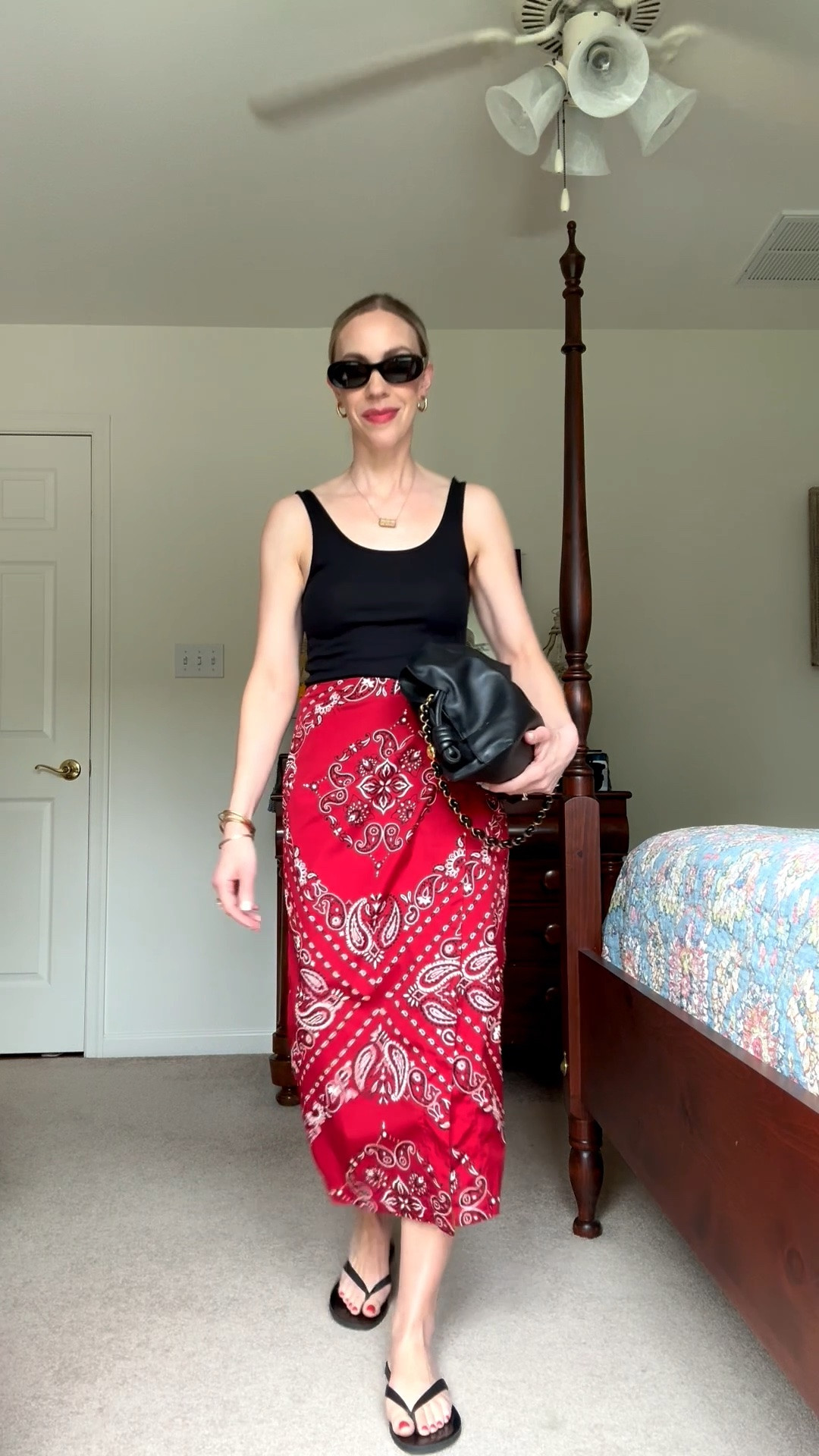 Summer outfit with black tank and bandana print skirt, summer vacation, minimal summer style

#LTKSeasonal #LTKOver40 #LTKSaleAlert