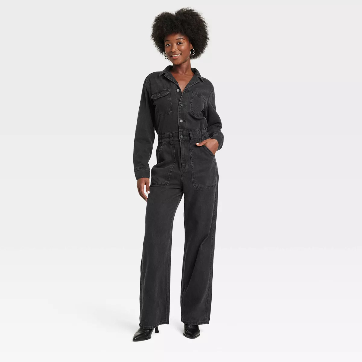 Women's Long Sleeve Utility Baggy Denim Jumpsuit - Universal Thread™ Black 14 | Target