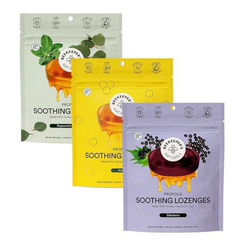 Beekeeper's Naturals Soothing Honey Cough Drops 3 Flavors Pack,Honey,Peppermint & Elderberry Sore Throat Relief Soothing Lozenges with Zinc,Propolis & Vitamin D,42 Ct | Amazon (US)