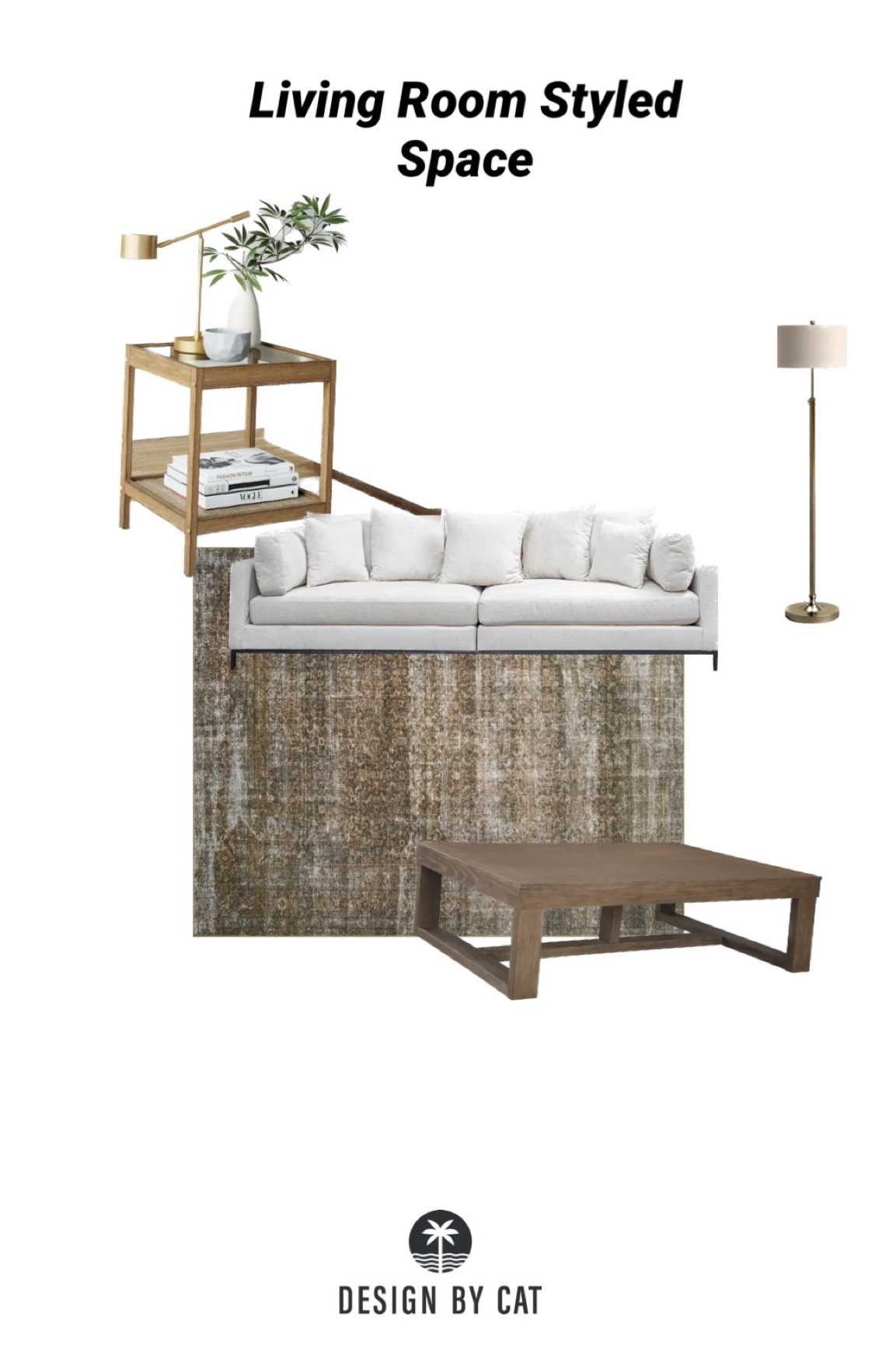 Styled Living Room Space
White Couch
Brown coffee table 
Gold floor lamp
Loloi Rug
Wood End Table

#LTKhome