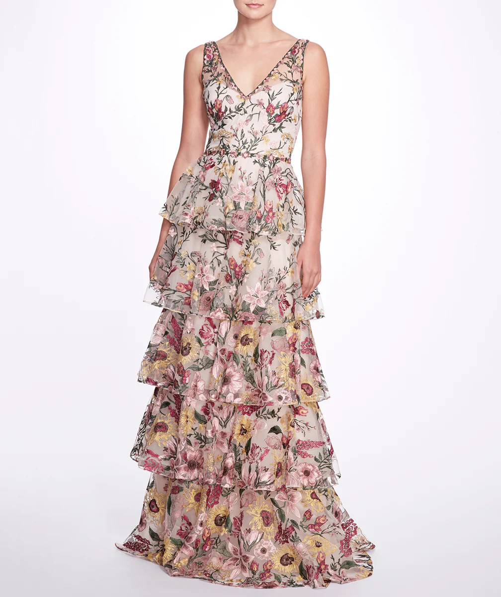 Embroidered Tulle V-neck Gown | Marchesa