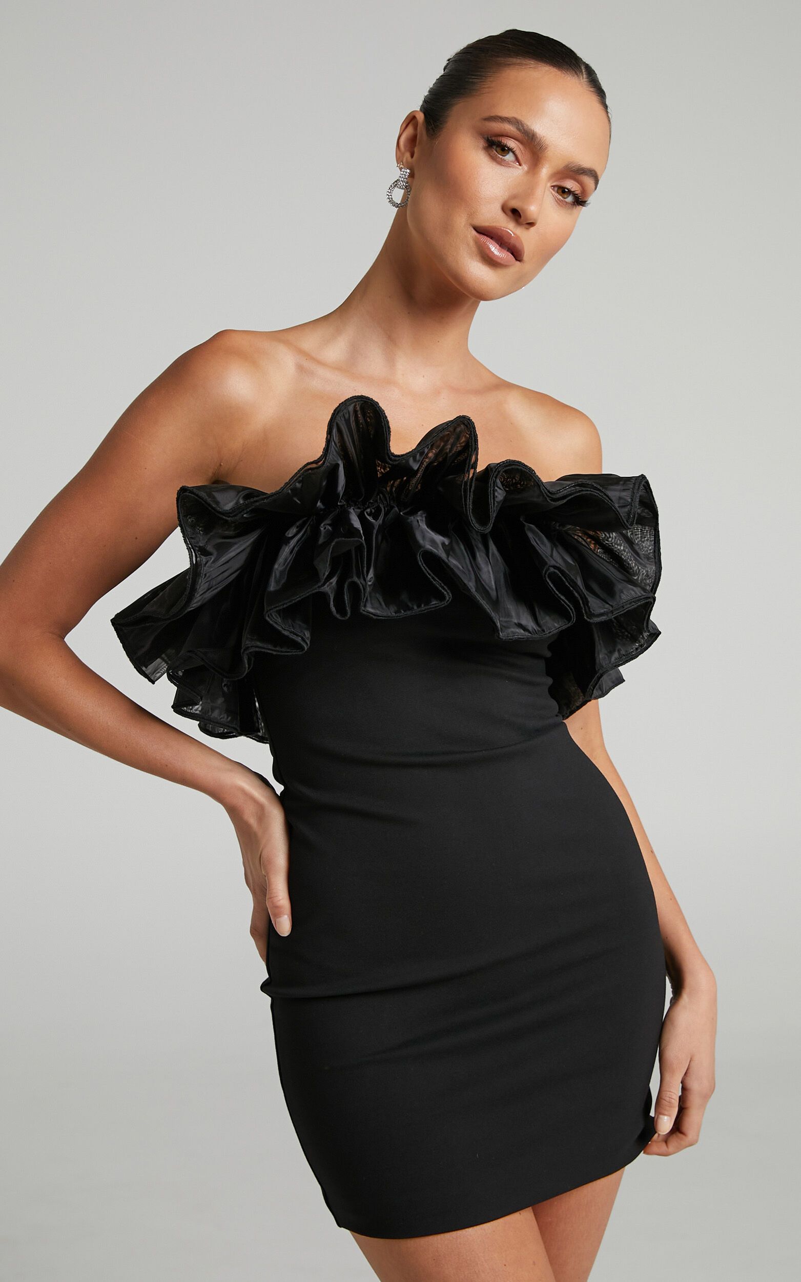 Abella Mini Dress - Strapless Ruffle Detail Bodycon Dress in Black | Showpo (US, UK & Europe)