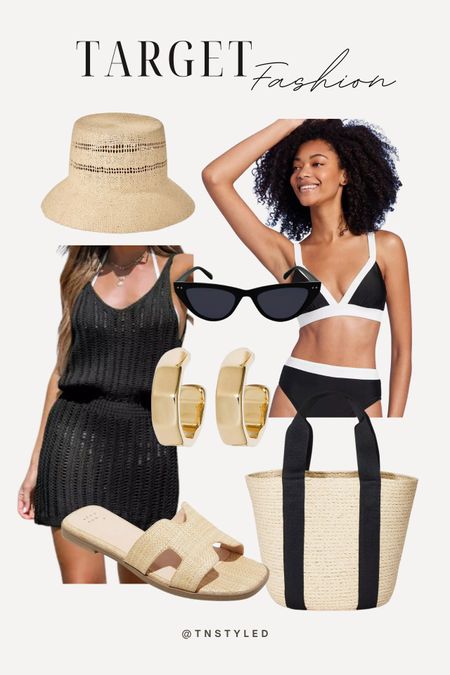 @target fashion // beach look, resort look, resort outfit, bathing suit, black coverup, triangle bikini, straw hat, straw tote bag

#LTKswim #LTKSeasonal #LTKstyletip