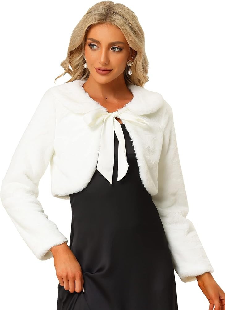 Allegra K Women's Faux Fur Bolero Shrug Crop Jacket Evening Bow Tie Front Fluffy Coat | Amazon (US)