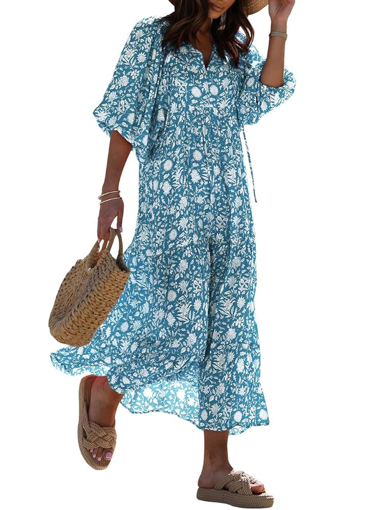 miduo Womens Loose Fit Casual Summer V Neck Half Sleeve Bohemian Geometric Pattern Maxi Long Dres... | Amazon (US)