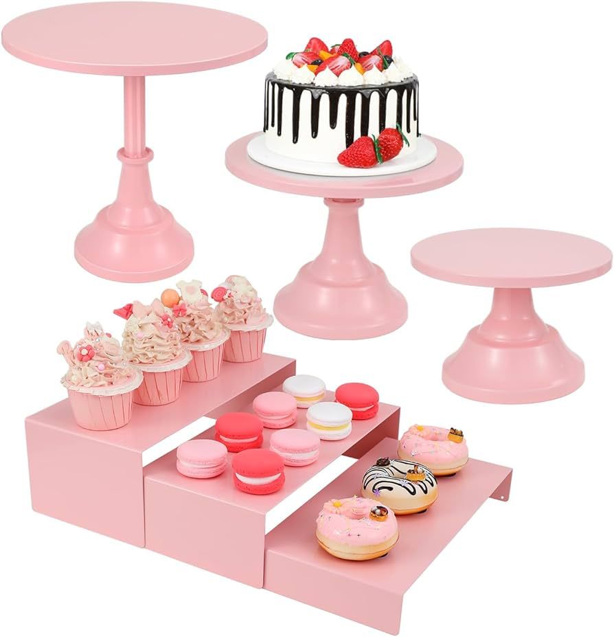 6PCS Cake Stand Set, Pink Metal Cake Stands for Party, Dessert Table Display Set, 3 Size Round Ca... | Amazon (US)