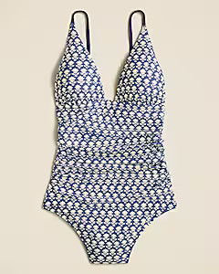 Ruched plunge one-piece swimsuit in blue stamp floral | J. Crew US