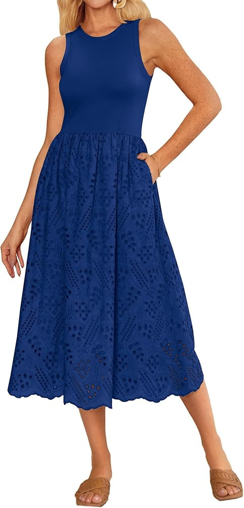 GRACE KARIN Women's Summer Sleeveless Tank Dress A Line Midi Dress Eyelet Crewneck Casual Holiday... | Amazon (US)