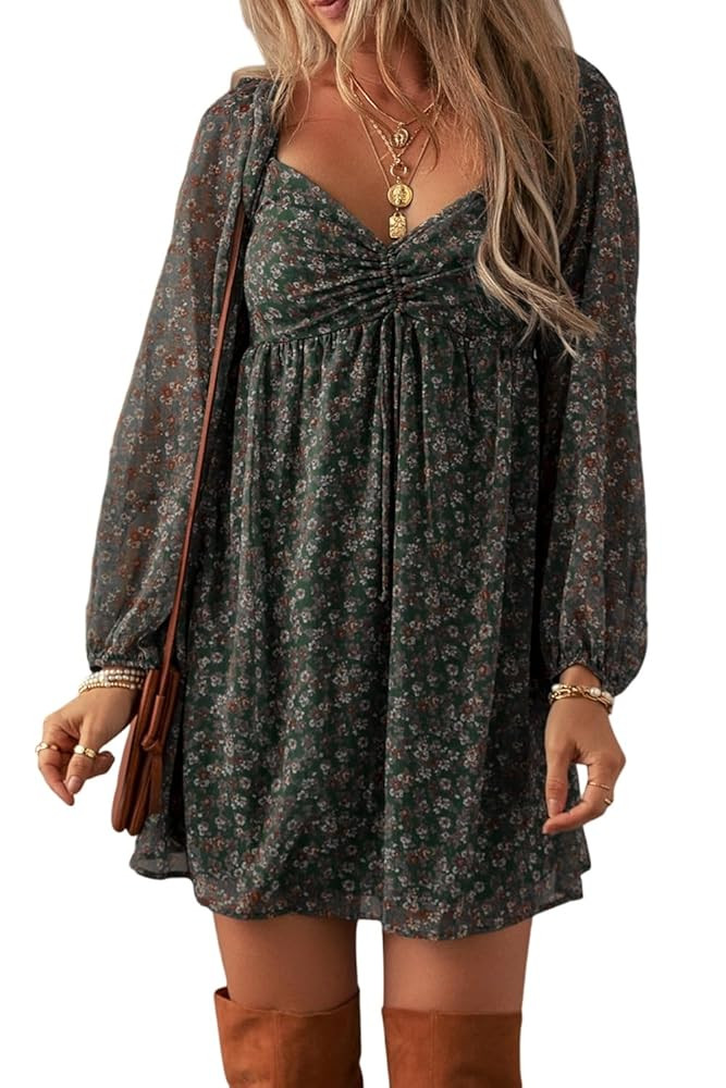 Womens Green Floral Print Sweetheart Neck Shirred Back Mini Dress | Amazon (US)