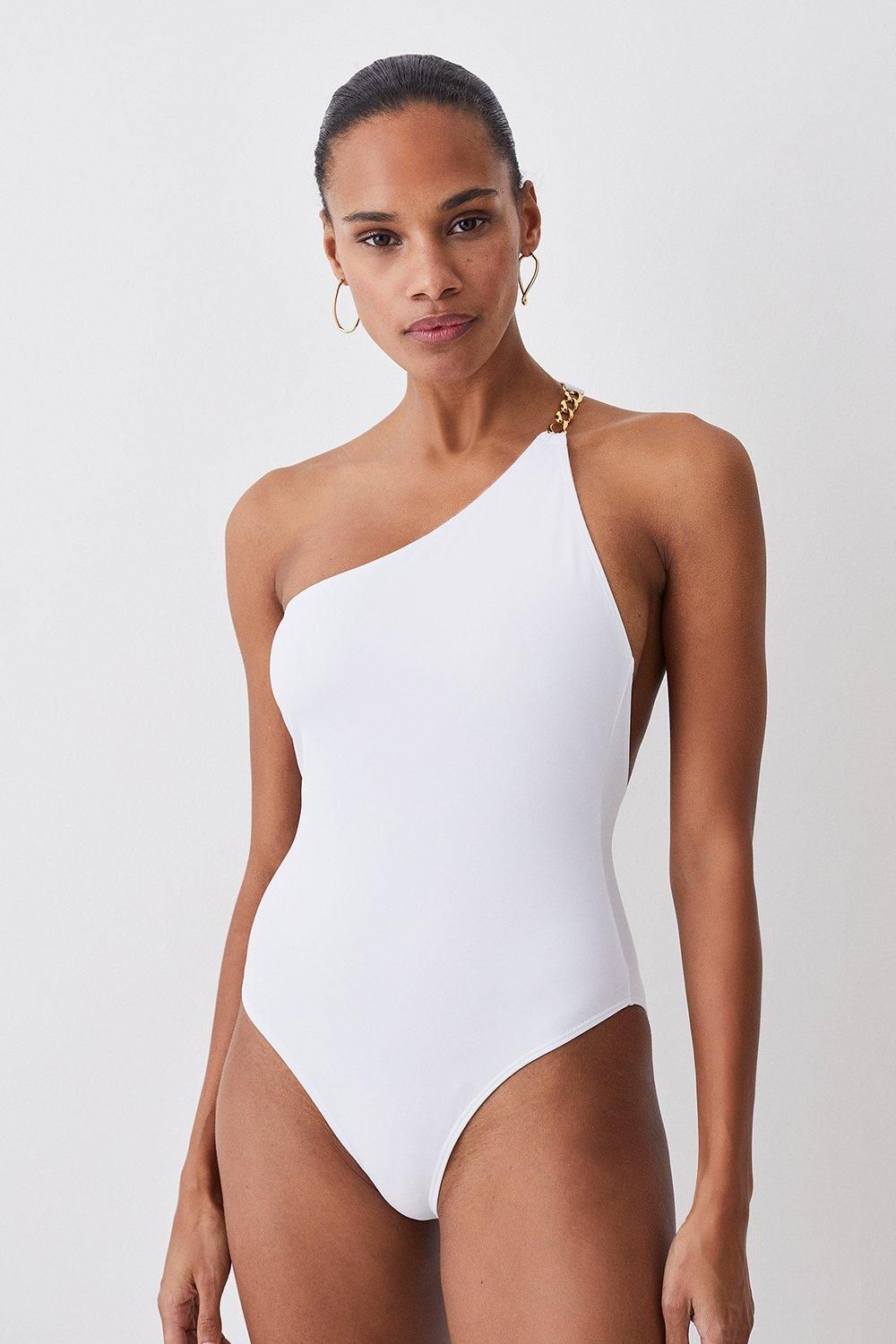 One Shoulder Chain Strap Cut Out Swimsuit | Karen Millen UK + IE + DE + NL