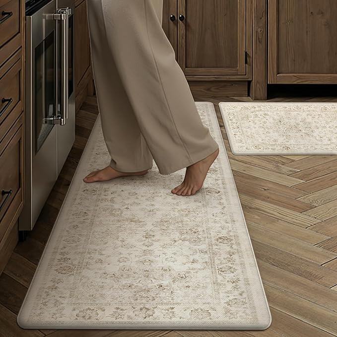 Anti Fatigue Kitchen Mats 2PCS Beige Neutral Mats for Cushioned Vintage Kitchen Matss for Floor N... | Amazon (US)