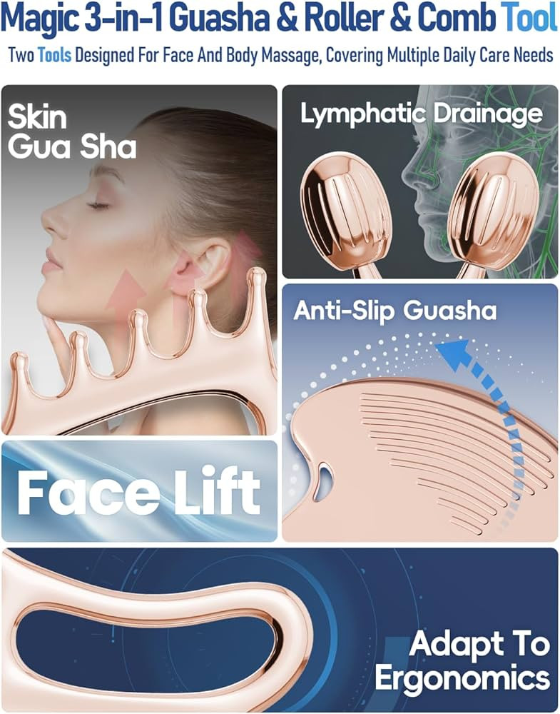 Gua Sha Facial Tools, 3-in-1 Gua Sha & Roller & Comb Set, Upgraded No-Slip Textured Guasha, Metal... | Amazon (US)
