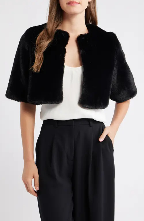 Anne Klein Short Sleeve Faux Fur Shrug in Anne Black at Nordstrom, Size Medium | Nordstrom