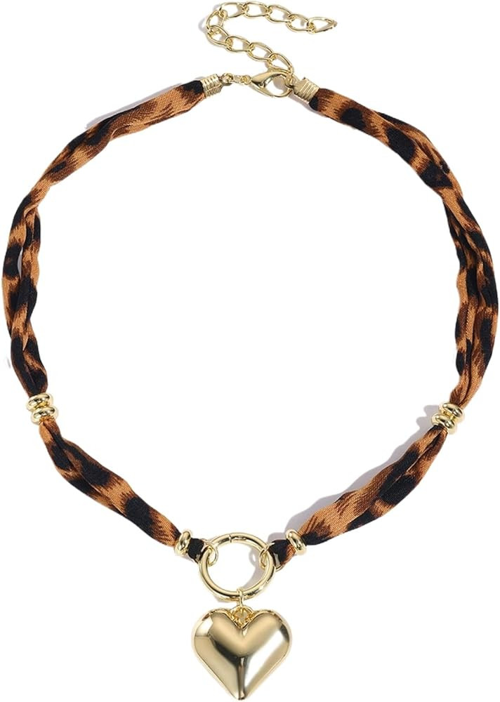 Scarf Necklace with Charm Bohemian Leopard Necklace Dainty Gold Heart Rhinestone Bandana Choker F... | Amazon (US)