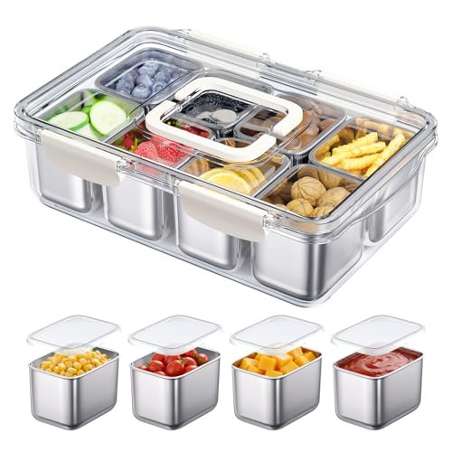 Snackle Box Container, 304 Stainless Steel Divided Serving Tray with Lid and Handle, Portable 8 Compartments Veggie Tray for Fruits,Veggies,Nuts &Candy, Dishwasher Safe for Travel,Picnic,Beach&Parties | Amazon (US)