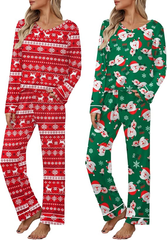 Ekouaer Womens 2 Pack Pajama Set Long Sleeve Pajamas Top and Pants V Neck Pjs Set Soft Loungewear... | Amazon (US)