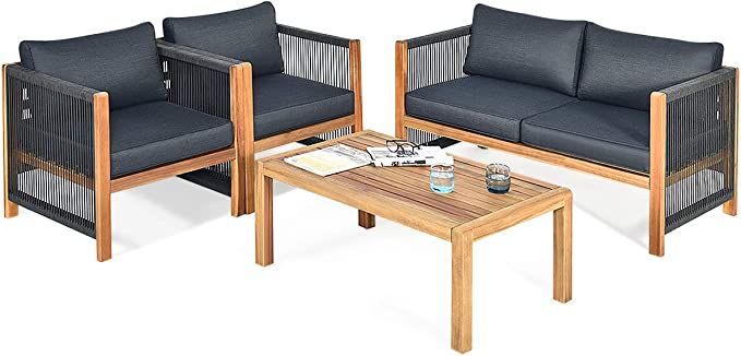 Tangkula Outdoor Wood Furniture Set, Acacia Wood Frame Loveseat Sofa, 2 Single Chairs and Coffee ... | Amazon (US)