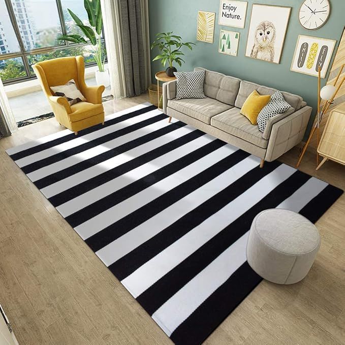 USTIDE Black and White Striped Living Room Rug 59"x78" Hand Woven Washable Outdoor Rug Farmhouse ... | Amazon (US)