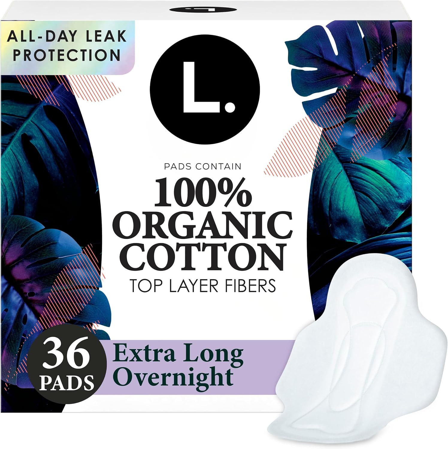 L. Ultra Thin Pads for Women, Organic Cotton Top Layer, Overnight Absorbency, Menstrual Pads with Wings, Made Without Synthetic Pesticides and Fragrances, 36 Count | Amazon (US)