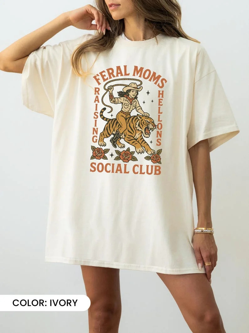 Feral Moms Social Club Western Graphic Shirt Raising Rebels Vintage Rodeo Inspired Statement Tee ... | Walmart (US)