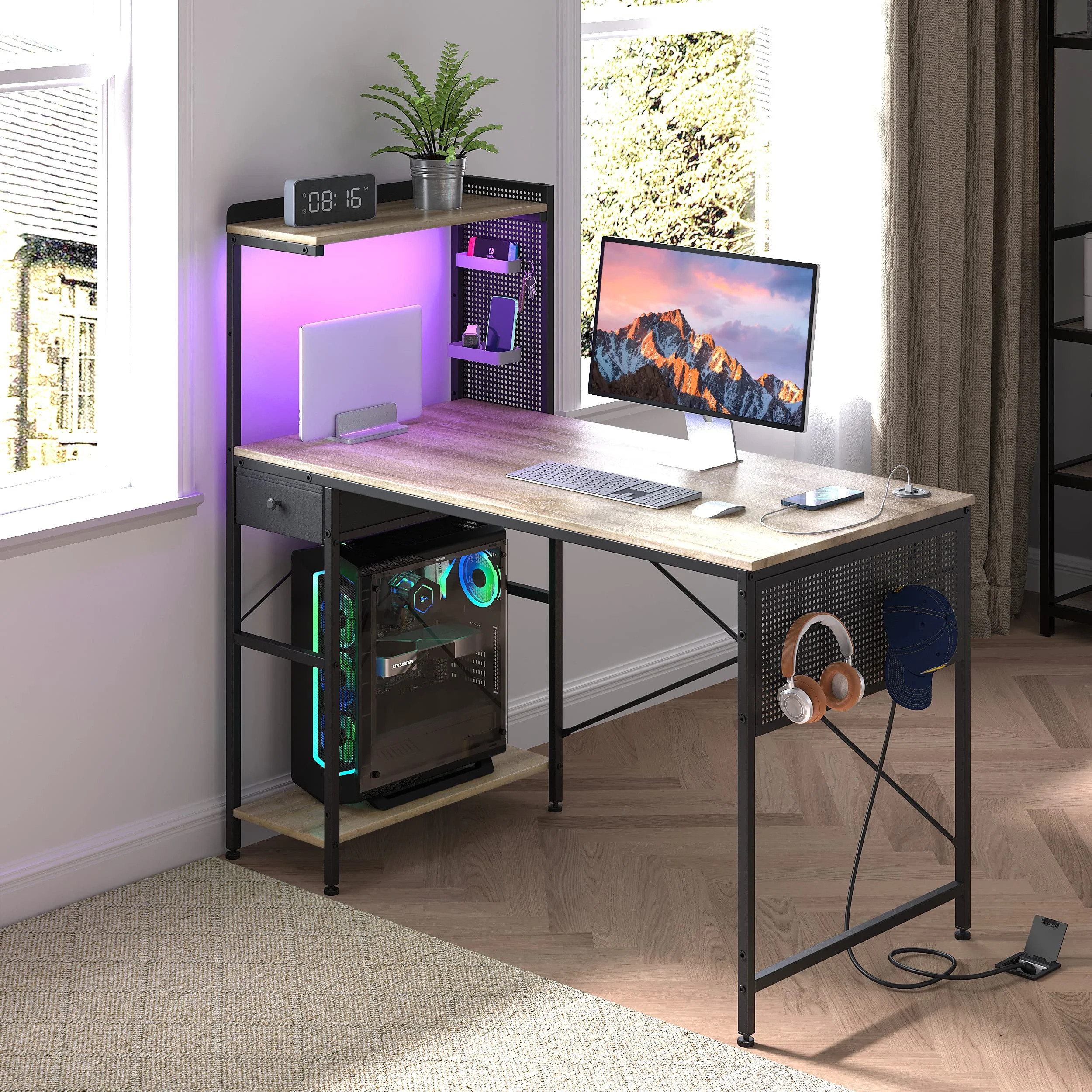 LINSY HOME 47 Inch Computer Desk with Shelves - Study Writing Table for Home Office with LED Ligh... | Walmart (US)