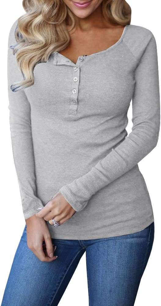 Remikstyt Womens Long Sleeve Henley Shirts Ribbed Button Down Casual Tunic Tops | Amazon (US)