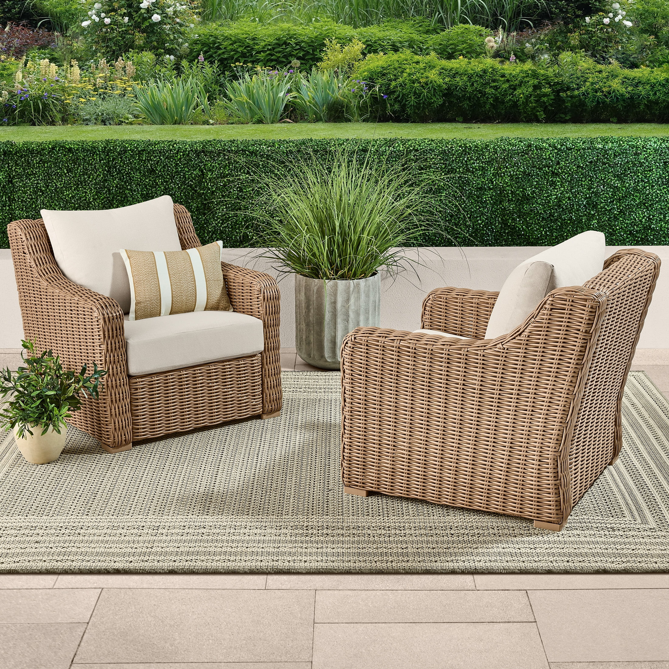 Better Homes & Gardens Bellamy Outdoor 2pk Lounge Chairs, Tan Wicker/Cream Cushion | Walmart (US)