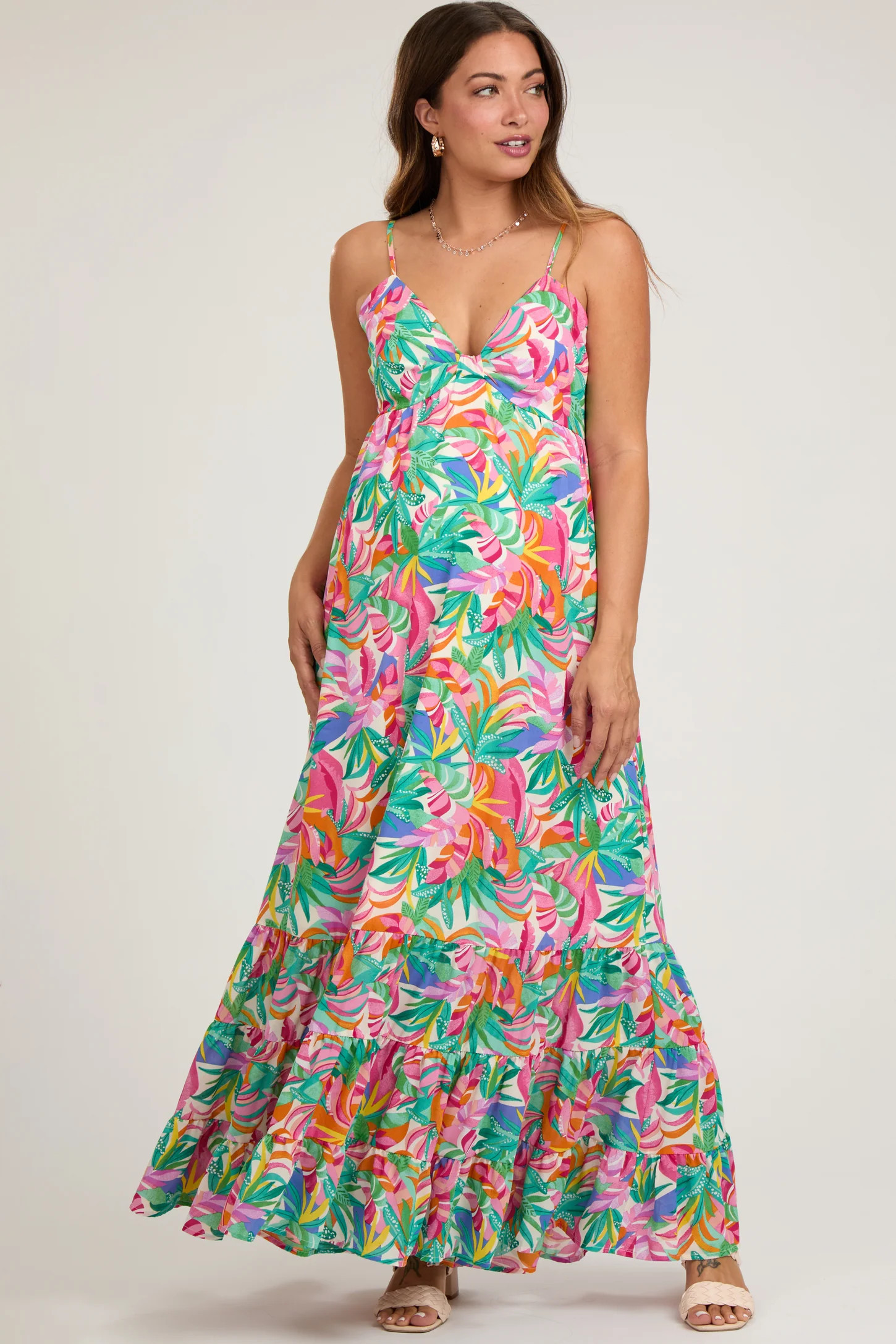 Green Floral Sleeveless Ruffle Hem Maternity Maxi Dress | PinkBlush Maternity
