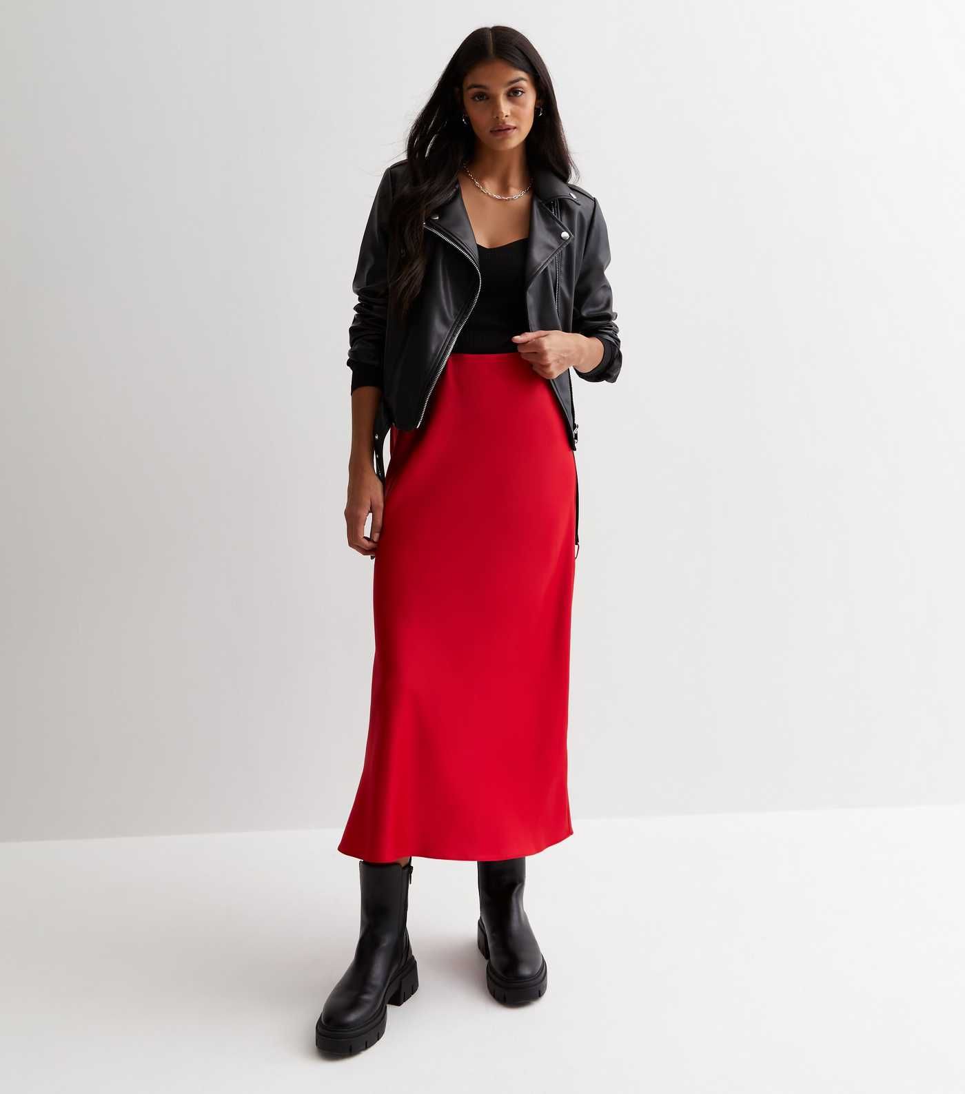 Red Shine Satin Bias Cut Midaxi Skirt | New Look | New Look (UK)