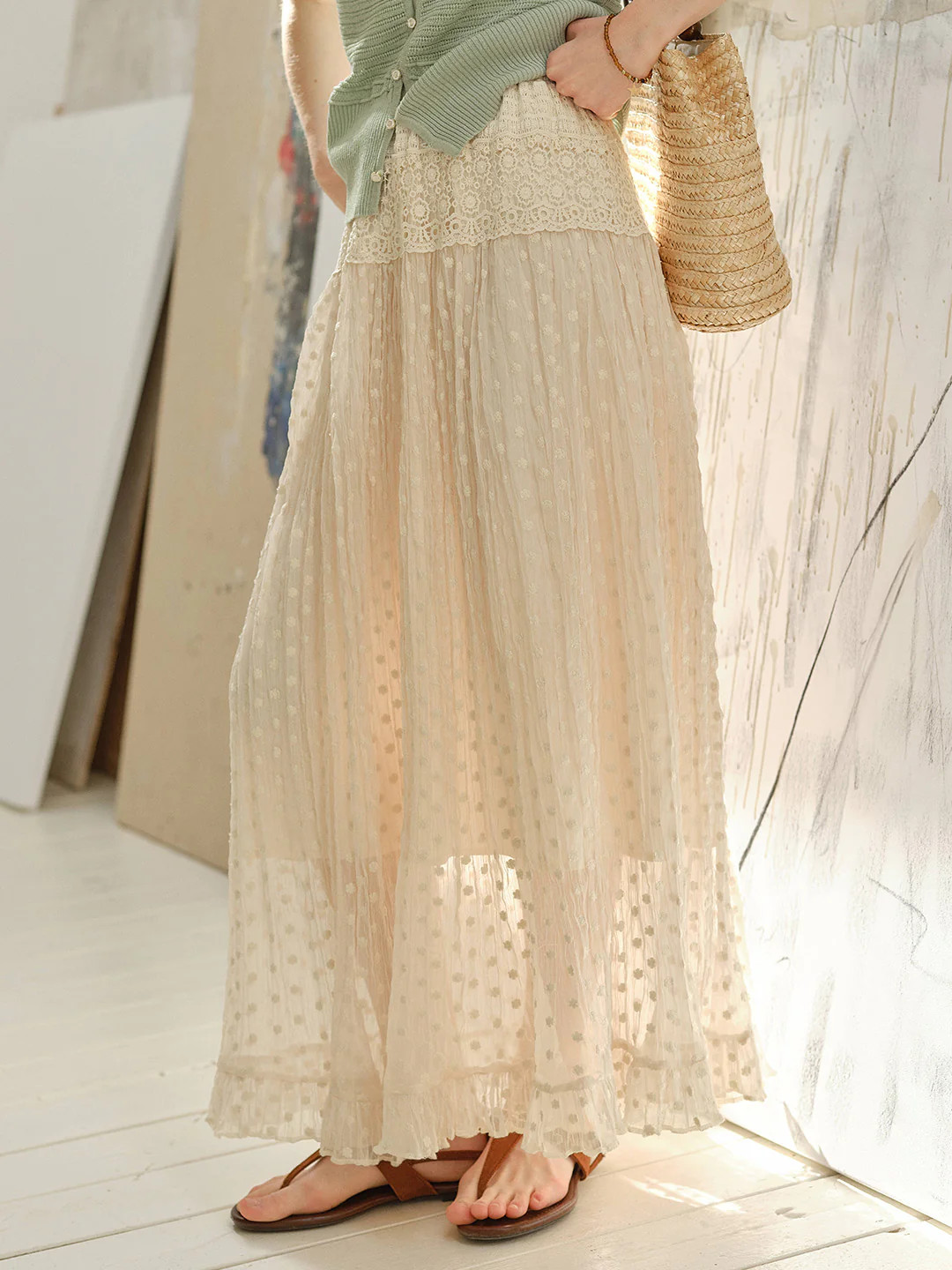 Genevieve Lace Trim Cotton Maxi Skirt | Simple Retro