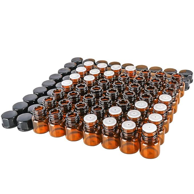 50 pack 1 ml 1/4 Dram Mini Amber Glass Essential Oils Sample Bottles with Black Caps for Essentia... | Amazon (US)