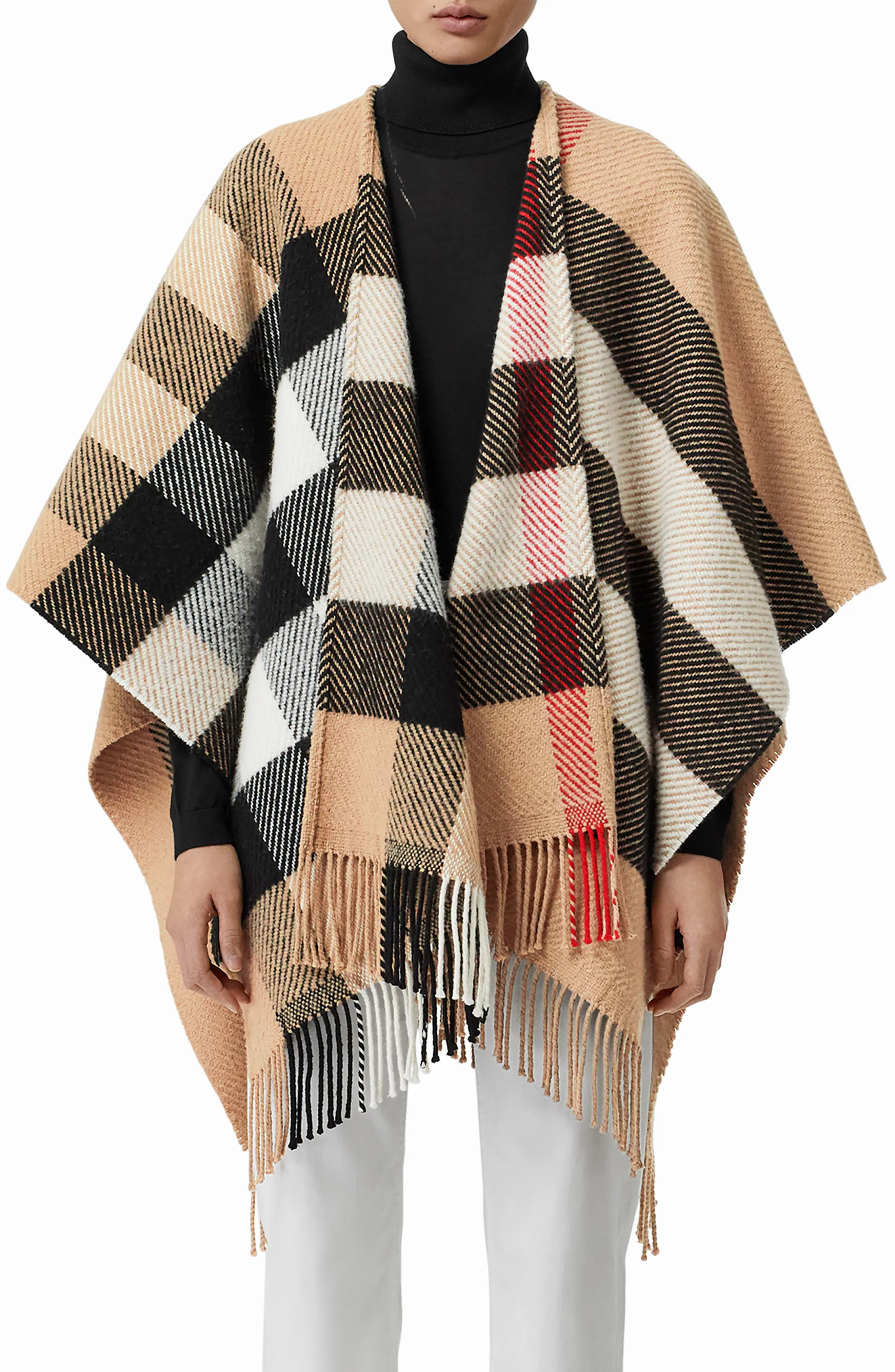 Burberry Check Wool & Cashmere Fringe Cape | Nordstrom