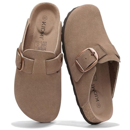 KIDMI Genuine Suede Clogs for Women Memory Foam Cork Footbed Potato Shoes Slip On Leather Mules with Big Buckle, Mocha Size 9.5-10 (41) | Amazon (US)