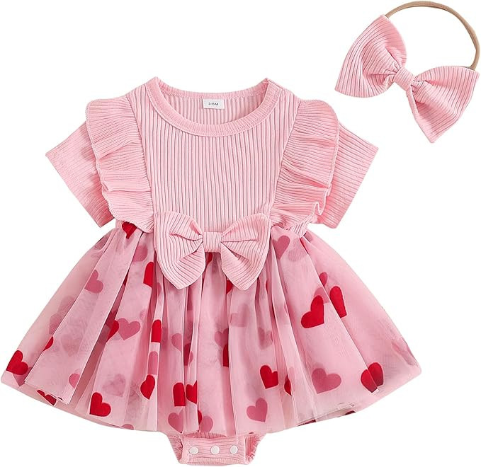 Newborn Baby Girl Valentines Outfit Ribbed Heart Romper Dress Tulle Bowtie Bodysuit Headband Infa... | Amazon (US)