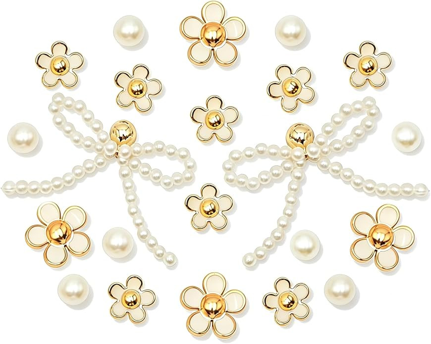 22Pcs Bling Pearl Bow Shoe Charms for Sandals Women, Acrylic Flowers, Pearl Accessories, DIY Shoe... | Amazon (US)