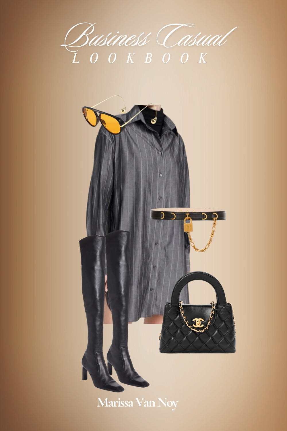 I styled this look for a day of meetings and lunch  My charcoal pinstripe shirt dress is Enza Costa, I linked an exact one from Poshmark and some similar looks. My AllSaints over the knee leather boots are a staple, linked similar styles from this season. My Chanel mini Kelly shopper will definitely be a bag I pass down to my daughter. My sunglasses are from Amazon and definitely give Bottega vibes. 🖤

#LTKootd #LTKWorkwear #LTKdayinmylife