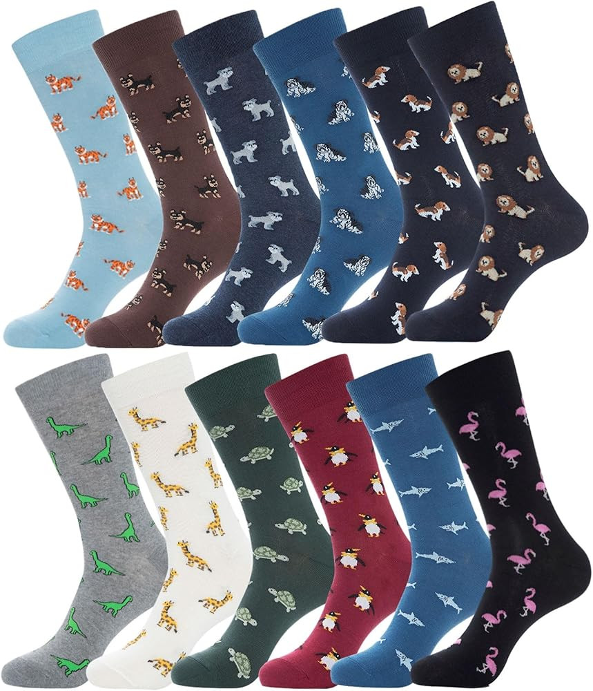YEJIMONG Men's Cotton Dress Crew Socks 12 Pairs, Fun Patterned & Striped Casual Socks, Animal & S... | Amazon (US)
