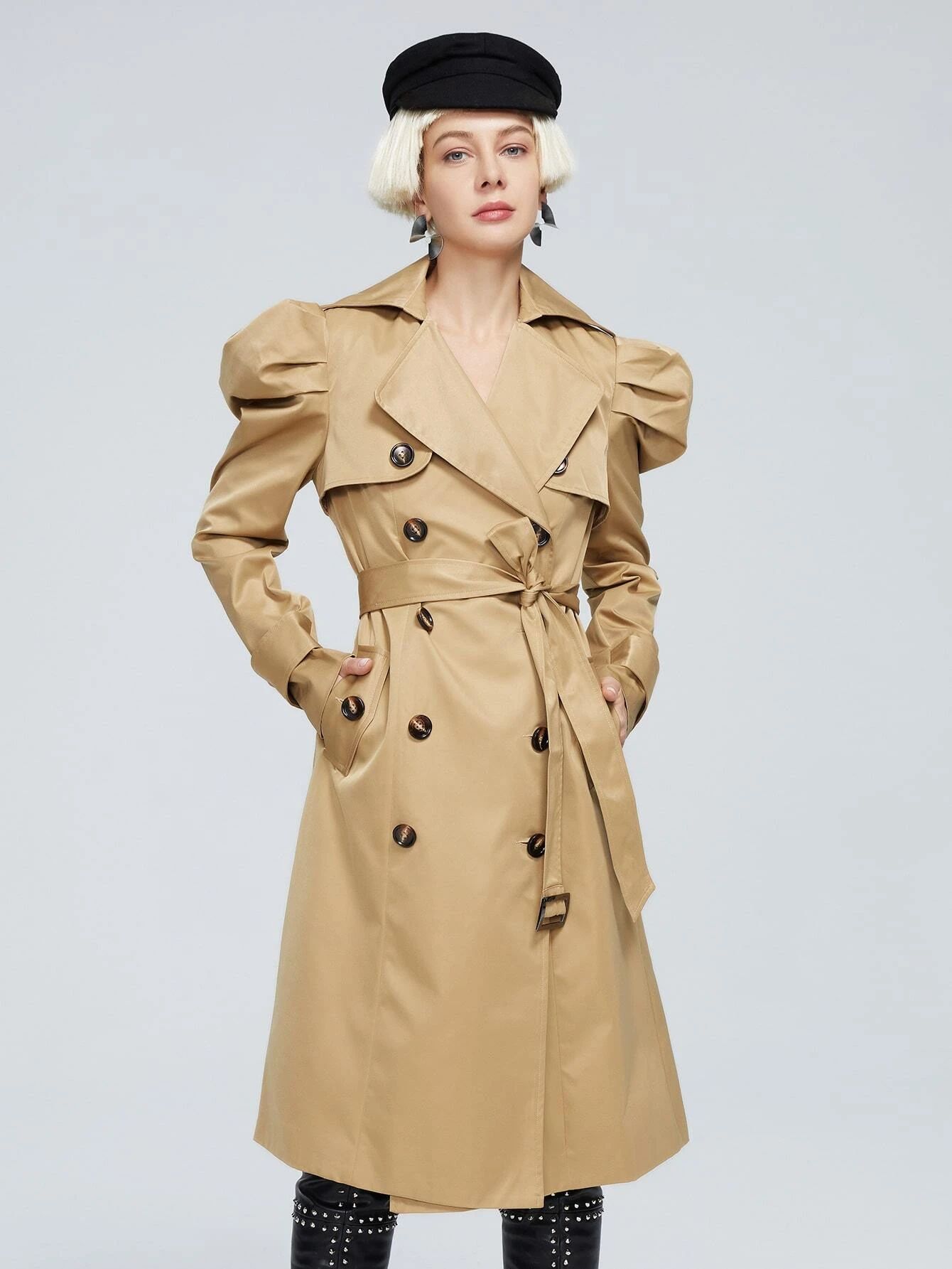 ZIAI Waterfall Collar Leg-of-mutton Sleeve Double Breasted Trench Coat | SHEIN