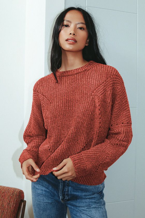 Soft to the Touch Rust Orange Chenille Pierced Knit Sweater | Lulus (US)