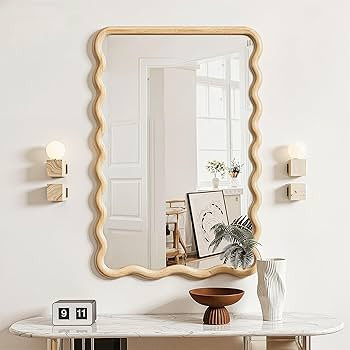 Wavy Mirror for Wall, 30"x20" Boho Bathroom Floor Vanity Mirror with Wooden Frame, for Bedroom, L... | Amazon (US)