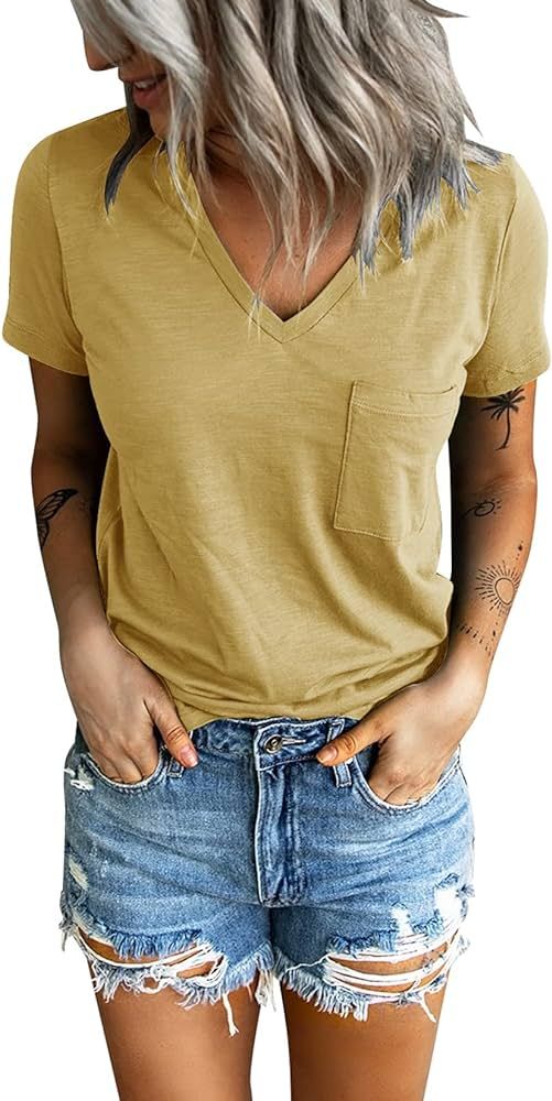 Sunborui Women's Summer Short Sleeve V Neck T Shirts Pocket Solid Loose Casual Tee Tops | Amazon (US)