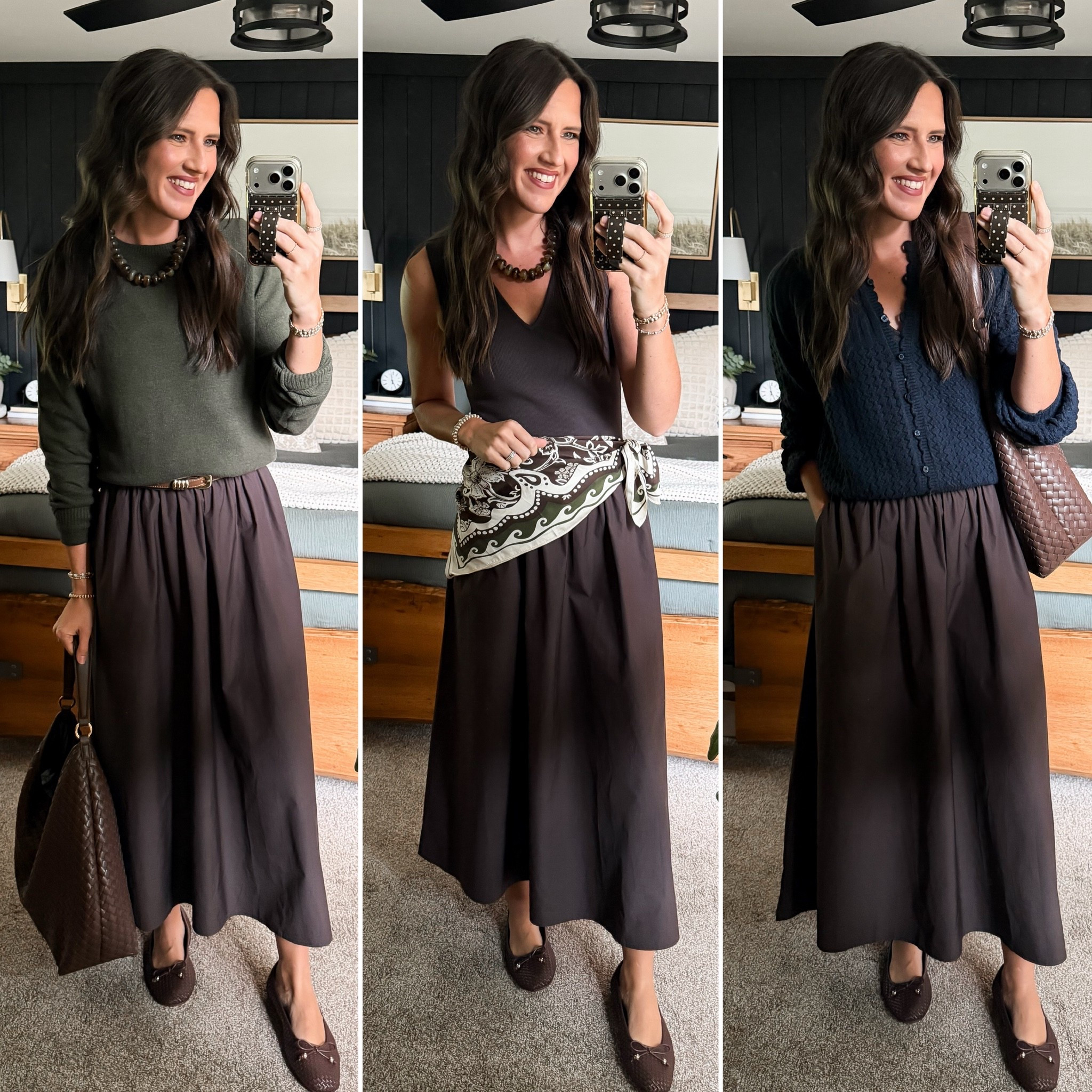 Fall Capsule Wardrobe - Brown Dress

Dress (small) 
Green sweater (medium tall) 
Navy cardigan (medium)