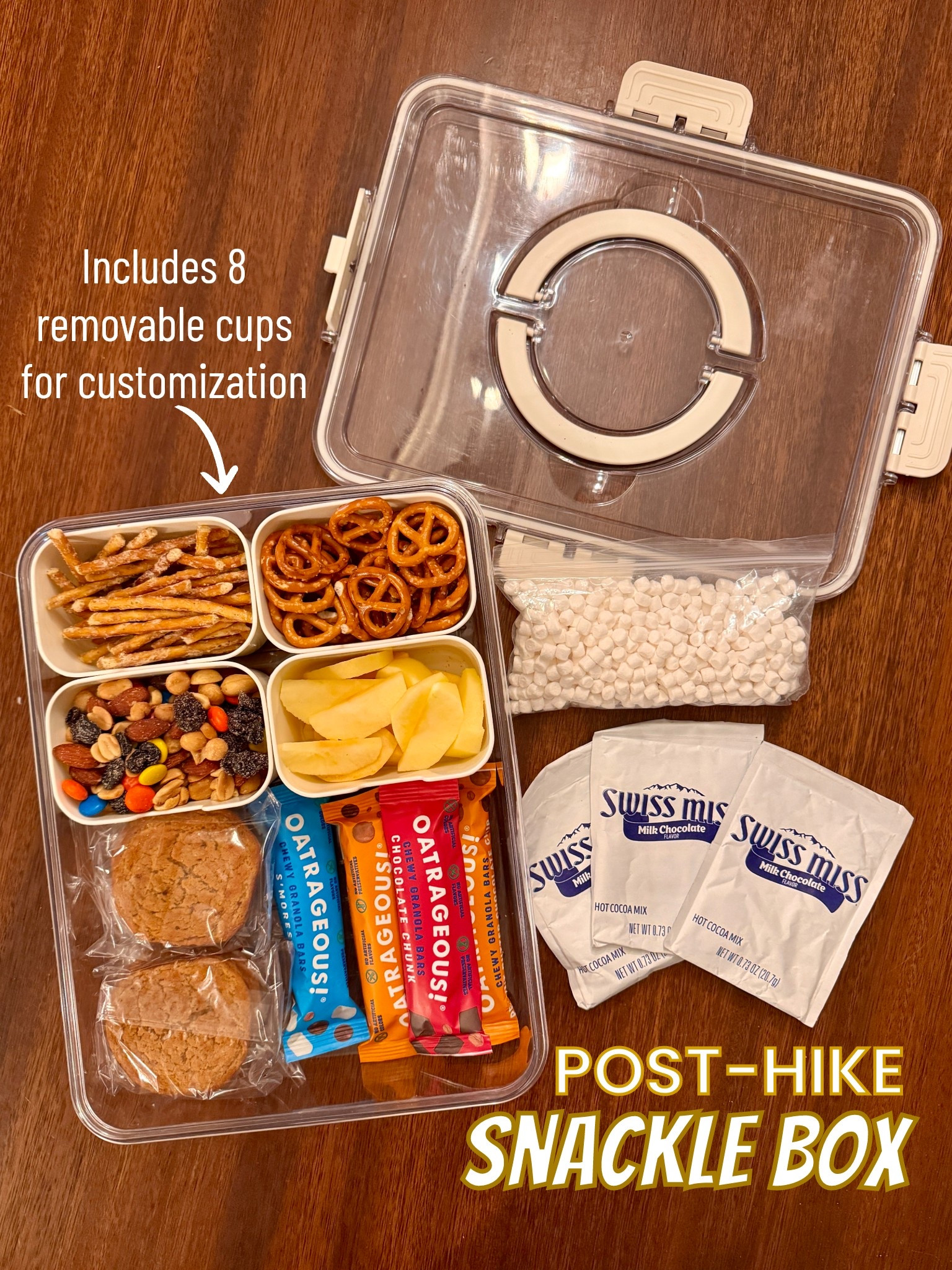 Post-Hike Snackle Box

Includes 8 removable cups for customization and a snap closure lid with handles. 
Perfect for road trips, boating, kids sports, hiking, picnics, parties, charcuterie

#LTKHome #LTKTravel #LTKParties