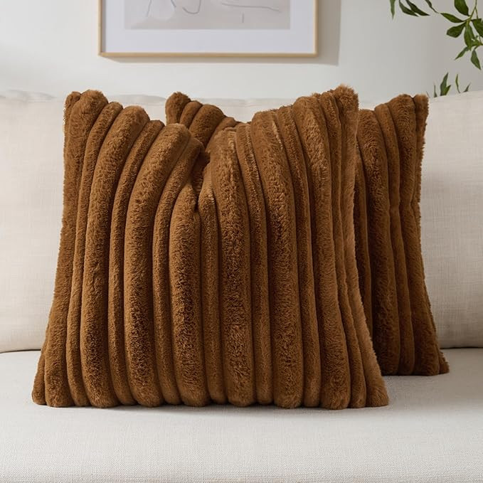 FUTEI Brown Decorative Throw Pillow Covers 20x20 Inch Set of 2,Soft Fluffy Faux Rabbit Fur Thick ... | Amazon (US)