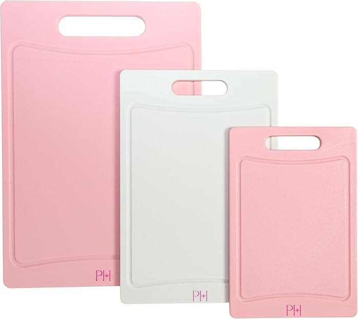 Paris Hilton Cutting Boards, Dual-Sided Cutting Board Set with Built-in Juice Grooves, Easy-Grip Handles, Heavy-Duty Plastic Made without BPA, Dishwasher Safe, 3-Piece Set, Pink and Cream | Amazon (US)