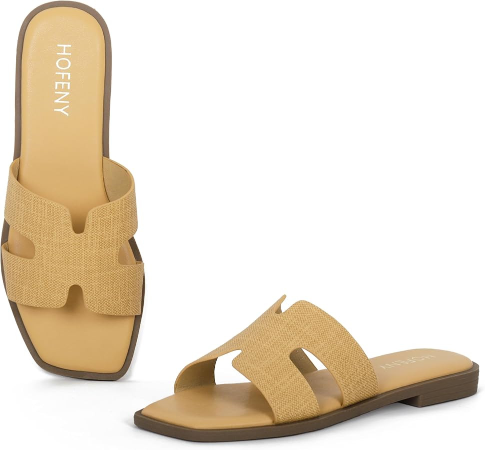 Womens Slip On Flat Sandals Soft Leather Open Toe Slide for Summer Dressy | Amazon (US)