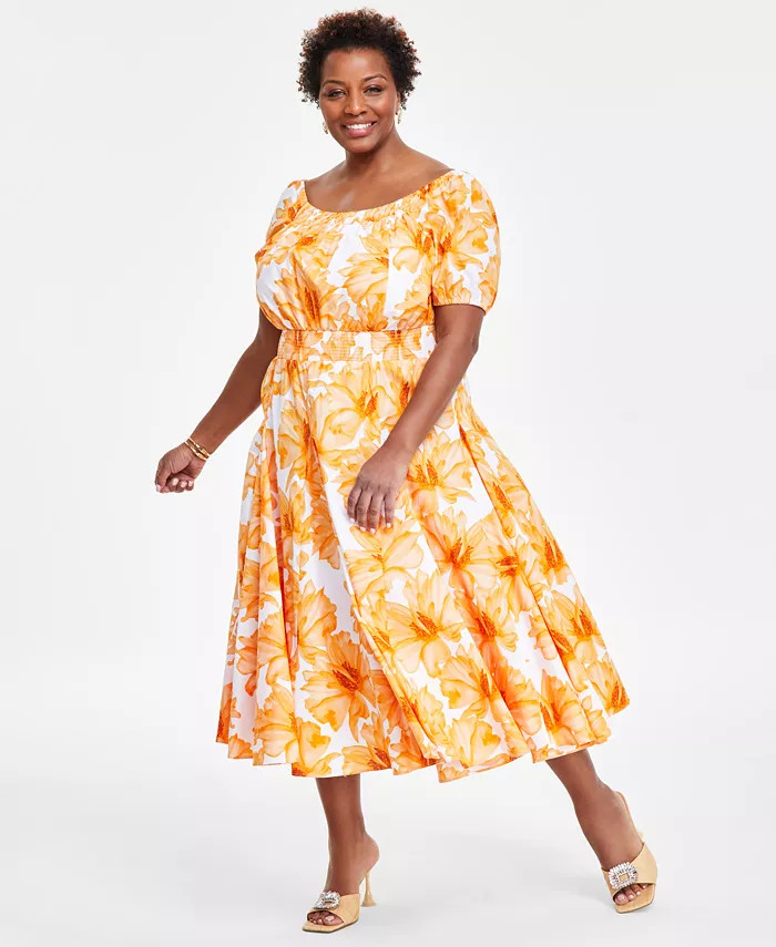 I.N.C. International Concepts Plus Size Floral-Print Smocked Midi Dress, Created for Macy's - Mac... | Macy's