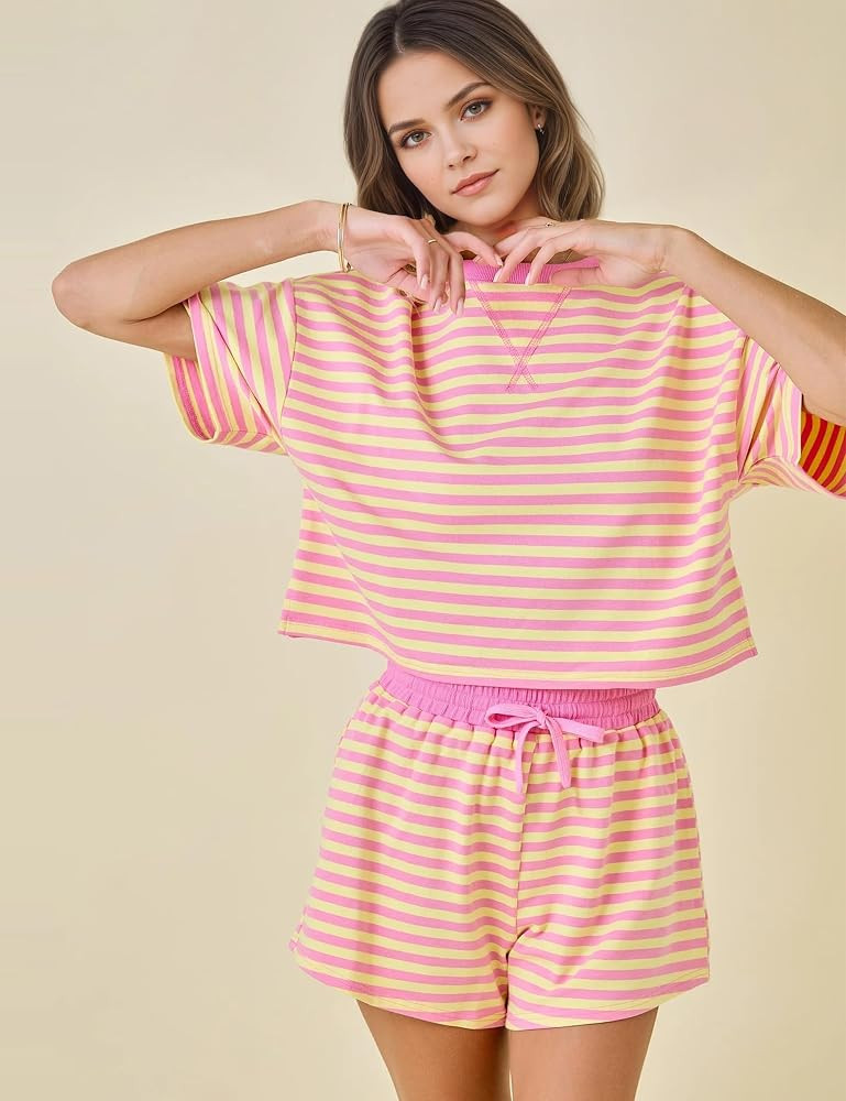 MSBESYOR Striped Set for Women Summer 2 Piece Lounge Sets Casual Pajamas Matching Set Short Sleev... | Amazon (US)